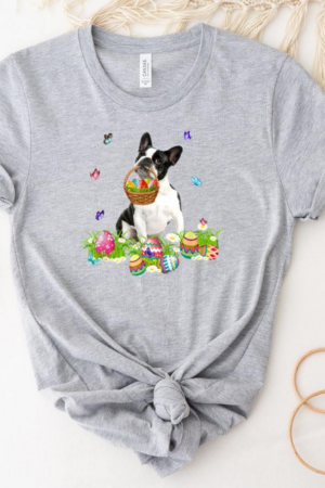 Boston Terrier Bunny Dog With Easter Eggs Basket Butterflies T-Shirt
