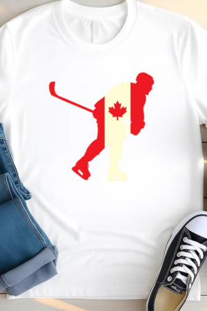 Hockey Player On Canada Flag Flat T Shirt