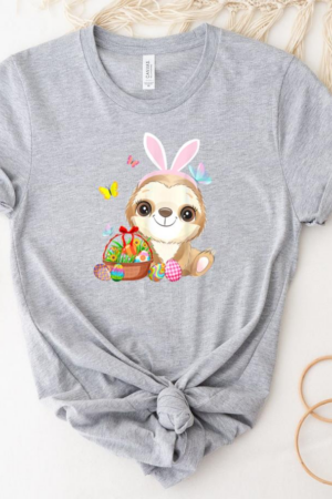 Sloth Bunny Ear With Eggs Basket Easter T-Shirt